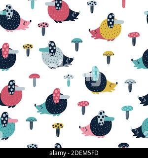 Cute hedgehog with mushroom seamless pattern. Forest background Stock Vector