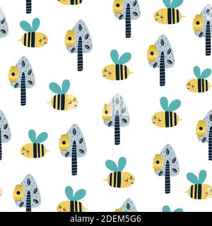 Cute bee in the forest seamless pattern. The woodland hive background Stock Vector