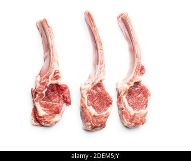 Slices raw lamb chops isolated on white background. Stock Photo