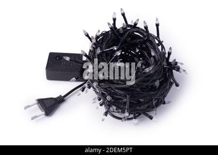 Christmas led lights tangle wire isolated on white background. Stock Photo