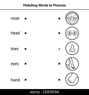 Match the words to pictures coloring page. Learn to read black and white matching game Stock Vector