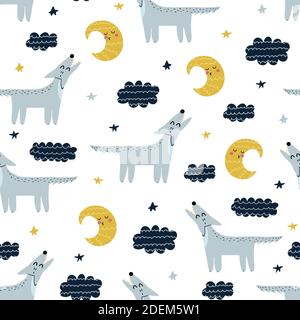 Wolf howling at the moon seamless pattern. Cute forest character background Stock Vector
