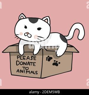 Cat in please donate to animals box cartoon vector illustration Stock Vector