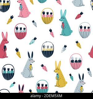 Rabbits and carrots seamless pattern in Scandinavian style. Funny background Stock Vector