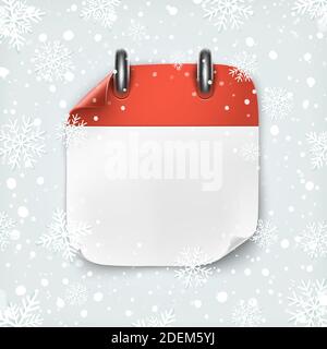 Blank calendar icon template on winter backgound with snow and snowflakes. Stock Vector