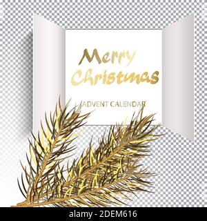 Christmas advent calendar doors open with golden letters. golden christmas tree branch and an open wide window on transparent. Template for Christmas Stock Vector