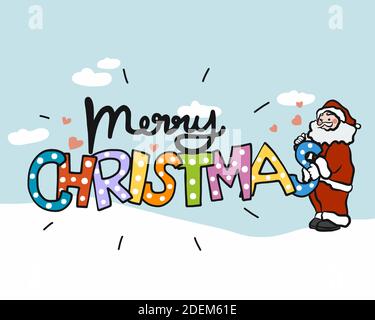 Merry Christmas font with Santa Claus and elf on the train in snow ...