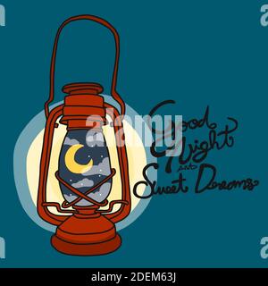 Goodnight and sweet dreams vintage lamp with moon and cloud inside cartoon vector illustration Stock Vector