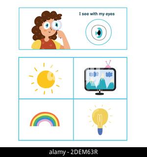 Five senses poster. Sight sense presentation page for kids Stock Vector