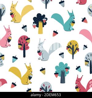 Cute squirrel with acorn seamless pattern. Forest background Stock Vector