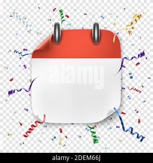Blank realistic calendar icon on festive background with ribbon and confetti. Stock Vector