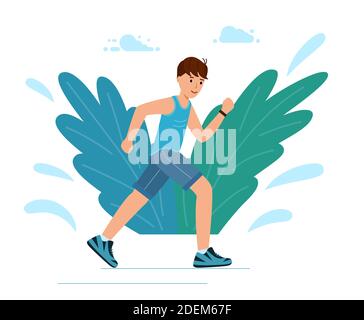 A young guy runs in the Park during training. Man is Jogging on a white background. cartoon character. Vector illustration in modern flat style. Stock Vector