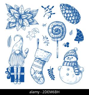 Christmas set. Different Christmas elements on a white background. Sketch, vector Stock Vector