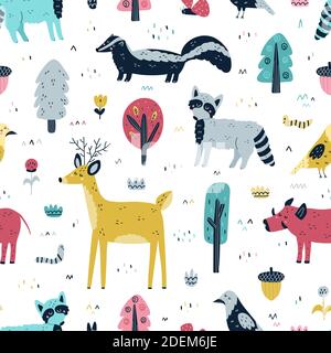 Woodland animals seamless pattern. Cute forest characters background Stock Vector