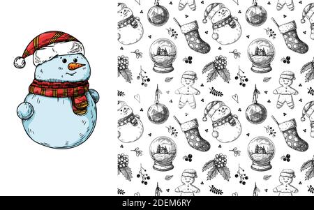 Christmas seamless pattern. Toys, snowman, wreath and other Christmas elements. Sketch vector Stock Vector