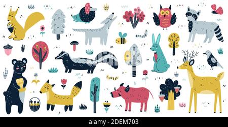 Forest animals big collection. Cute woodland characters and trees set Stock Vector