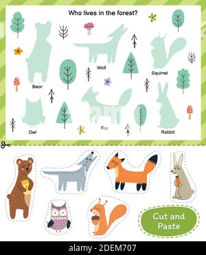 Cut the animals and match them with the right shadows. Who live in the forest Stock Vector