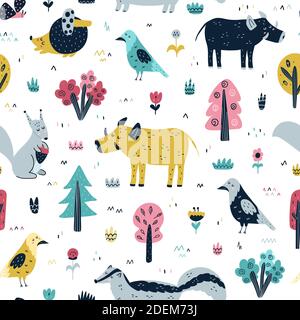 Woodland animals seamless pattern in Scandinavian style. Trendy forest background Stock Vector