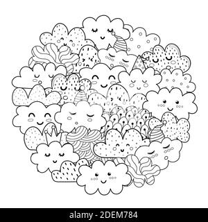 Doodle clouds circle shape pattern for coloring book. Black and white print Stock Vector