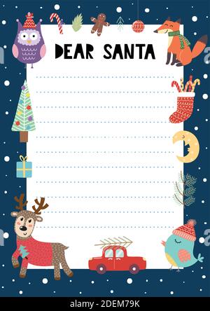 Letter to Santa Claus A4 template with cute Christmas characters. Christmas wish list Stock Vector