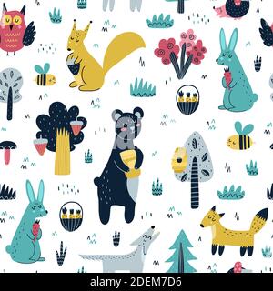 Cute woodland animals seamless pattern. Forest background Stock Vector