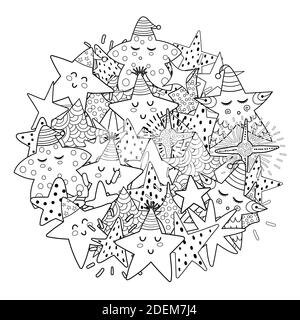 Doodle stars circle shape pattern for coloring book. Black and white print Stock Vector