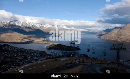 Panoramic, evening view of Queenstown and Lake Wakatipu, from the Top of the Skyline Gondola, Ben Lomond