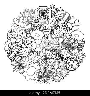 Circle shape coloring page with doodle flowers. Floral mandala for coloring book Stock Vector