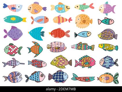 Cute fish big set. Clipart bundle with underwater animals Stock Vector