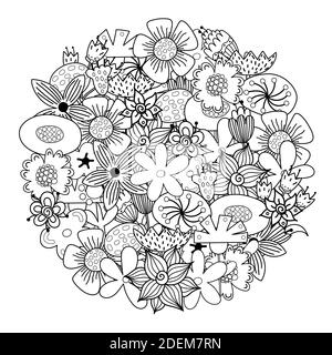 Circle shape coloring page with doodle flowers. Floral mandala for coloring book Stock Vector