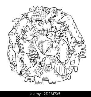 Circle shape coloring page with cute dinosaurs. Mandala with dinos Stock Vector
