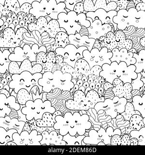 Doodle clouds black and white seamless pattern. Funny coloring page Stock Vector