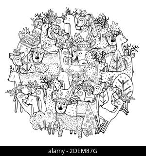 Circle shape coloring page with funny deers. Reindeers black and white print Stock Vector