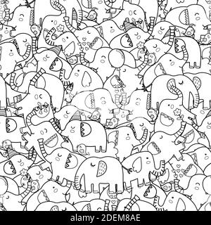 Cute elephants black and white seamless pattern. Coloring page Stock Vector
