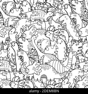 Cute dinosaurs black and white seamless pattern. Doodle dinos coloring page Stock Vector