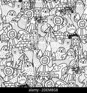 Arctic animals black and white seamless patterns. Funny coloring page for adults and kids Stock Vector