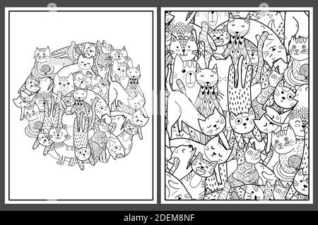 Coloring pages set with cute cats. Doodle feline animals for coloring book Stock Vector