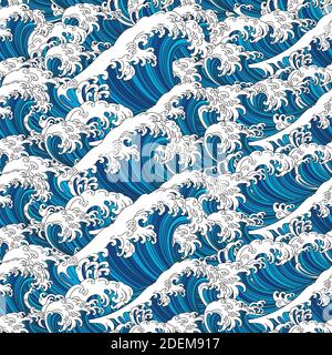 Great wave Japan of Kanagawa ocean seamless pattern background and wallpaper vector illustration. Line art design. Stock Vector