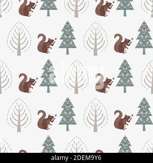 Cute squirrel in forest vector seamless pattern background. Scandi style backdrop with woodland animals collecting acorns from the trees. Geometric Stock Vector