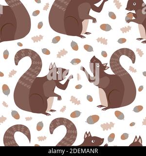 Cute squirrel juggling acorns seamless pattern background. Red brown woodland animals playing ball with nuts on white backdrop. Scattered forest Stock Vector