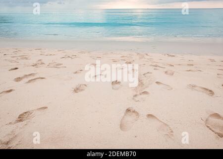 Footprints on beautiful sandy beach and turquoise sea water at sunset time. Stock Photo