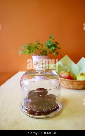 Glass Compote Bowl of Dried Dates on the Table with Blurry fruits and Potted Plant in Background Stock Photo
