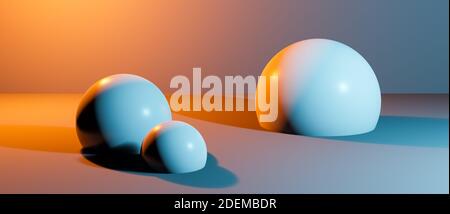 Abstract spheres, balls or globes in realistic digital studio interior, cgi render illustration, background wallpaper rendering, colorful lighting Stock Photo