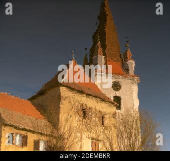 Medieval Church, Old Fortified Church Reflection in Water, Medieval Architecture Cristian Transylvania Stock Photo