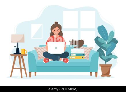 Home office concept, woman working from home sitting on a sofa, student or freelancer. Stock Photo