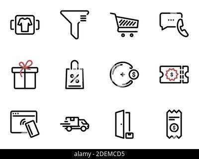 Set of black vector icons, isolated against white background. Illustration on a theme Online store, selection of goods and delivery Stock Vector