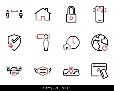 Set of black vector icons, isolated against white background. Illustration on a theme Quarantine and technologies helping to control it Stock Vector