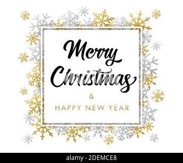 Elegant calligraphy Merry Christmas in frame with golden and silver snowflake, winter holiday design. Handwriting New Year vector text illustration Stock Vector