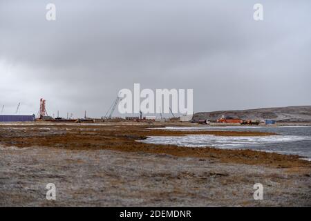 Construction Marine offshore works. Dam building, crane, barge, dredger. Breakwater construction. Stock Photo