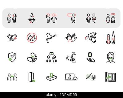 Flat line icons set. Vector illustration on the topic Symptoms of the disease, recommendations and contraindications Stock Vector